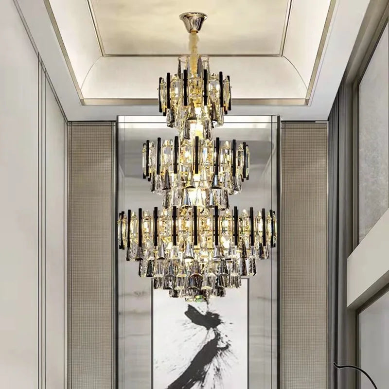 Postmodern Staircase Crystal Big Chandelier Three Layer Modern Living Room Villa Duplex Building Stairs Atmospheric Long Lamps