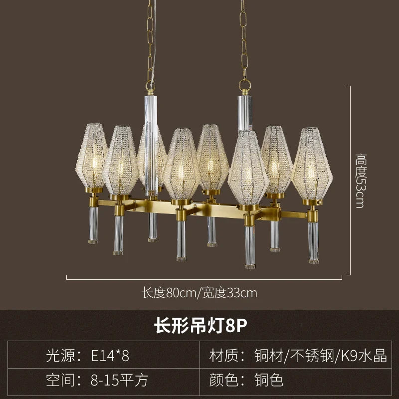 Postmodern luxury living room chandelier American simple copper crystal light creative club villa dining table long lamps