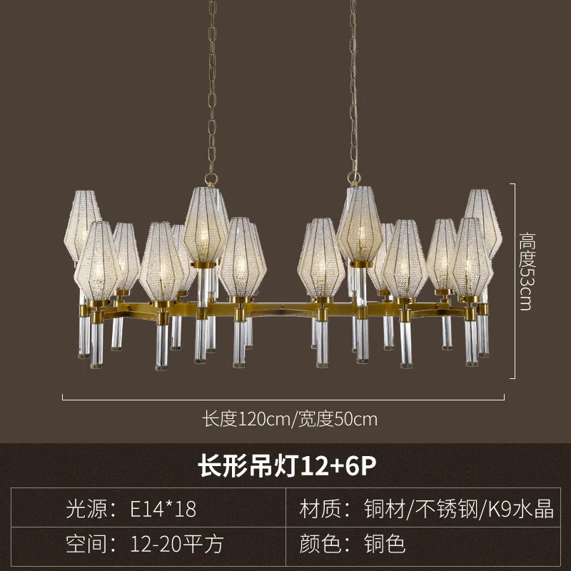 Postmodern luxury living room chandelier American simple copper crystal light creative club villa dining table long lamps