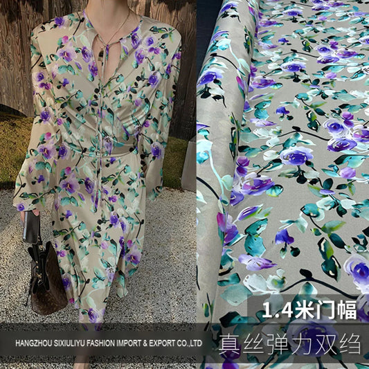 Printed Silk Stretch Crepe Fabric 18momme Width 140cm 100% Pure Silk Material For Shirt And Dresses Wholesale 2330