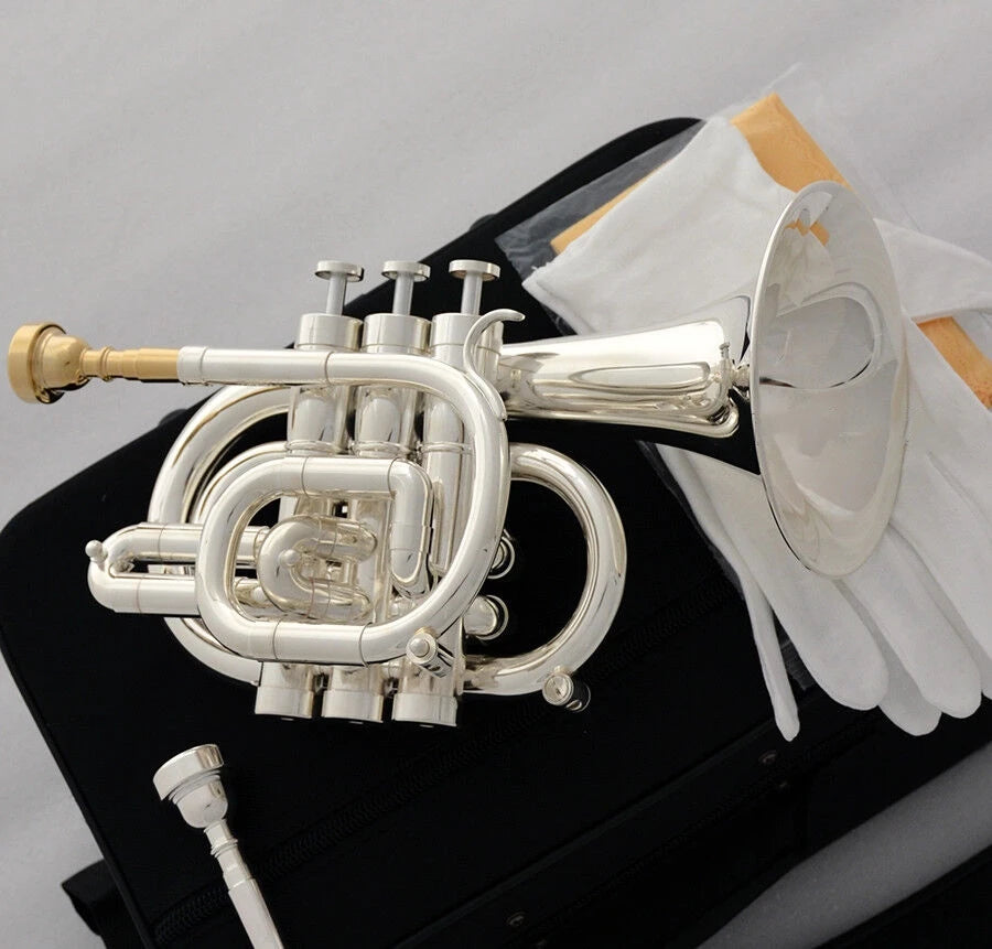 MMOOKA Professional Silver plated Pocket Trumpet Key of C Monel Valves 2 Mouth New Case