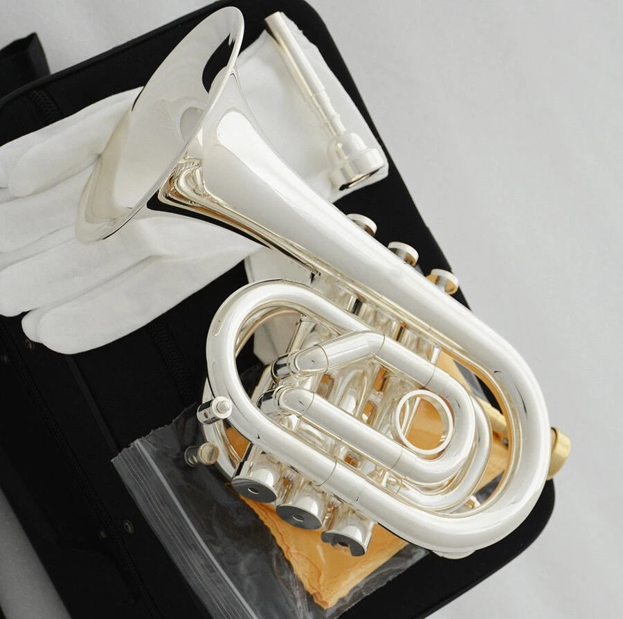 MMOOKA Professional Silver plated Pocket Trumpet Key of C Monel Valves 2 Mouth New Case