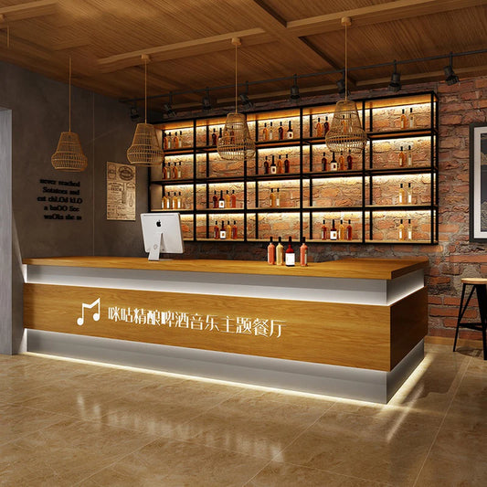 Retro cashier bar bar counter cabinet milk tea dessert cake shop coffee restaurant reception desk corner with lights