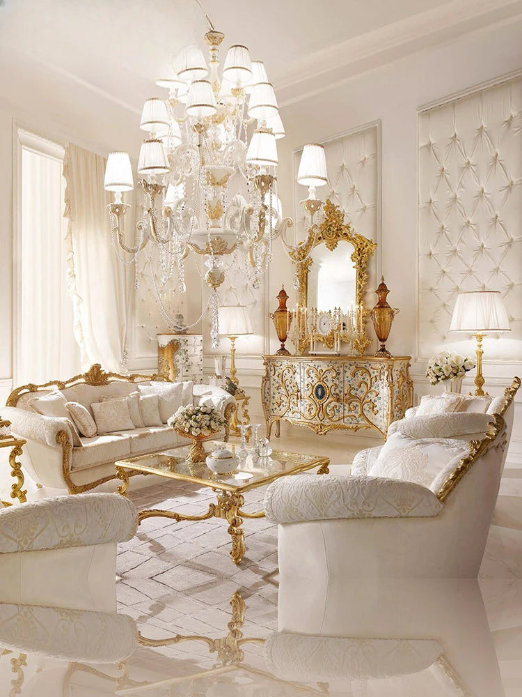 Romantic French all-solid wood carved sofa combination luxury villa furniture European living room custom large-sized sofa