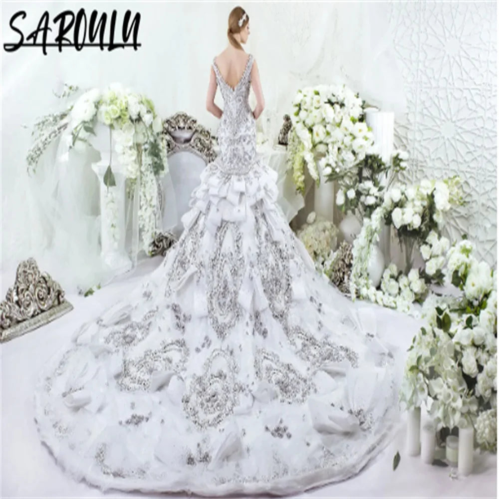 Romantic Tank Sleeve Floor-length Wedding Dress Luxury Beadings Appliques Bridal Gown Elegant Vestidos De Novia