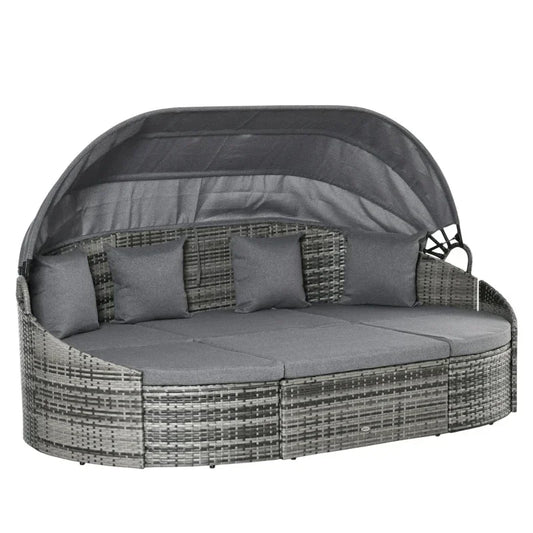 MMOOKA Grey Outdoor Round Daybed 4 Pieces Wicker Outdoor Rattan Sofa with Canopy,Cushions,Pillows for Lawn Garden Backyard