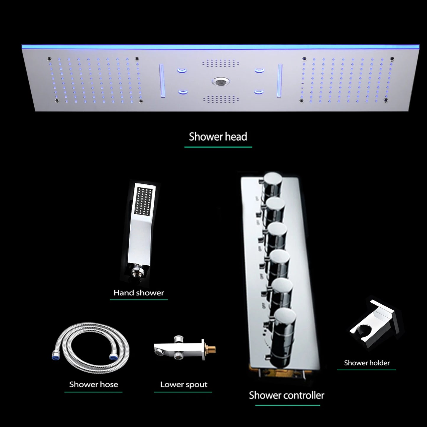 ANTNX Bathroom Ceiling Concealed 36x12Inch 900x300mm Bluetooth Music LED Shower Head Panel Kit Thermostatic Mixer Valve ANTNX.COM