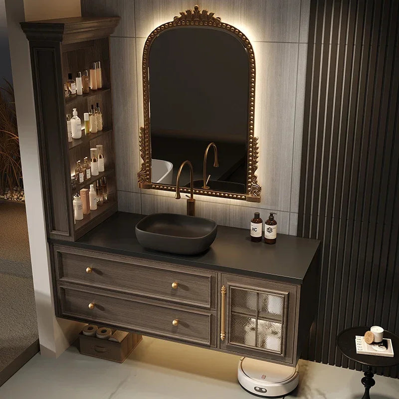 MMOOKA Bathroom Vanity With Aesthetic French Retro Oak Bathroom Cabinet Rock Plate Wash Basin Combination Bathroom Custom Wash Basin