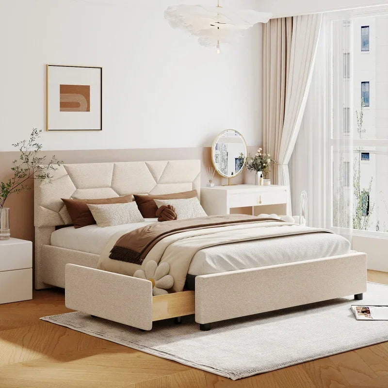 MMOOKA Beige Queen Size Upholstered Platform Bed with Brick Pattern Heardboard and 4 Drawers, Linen Fabric,for indoor bedroom furniture