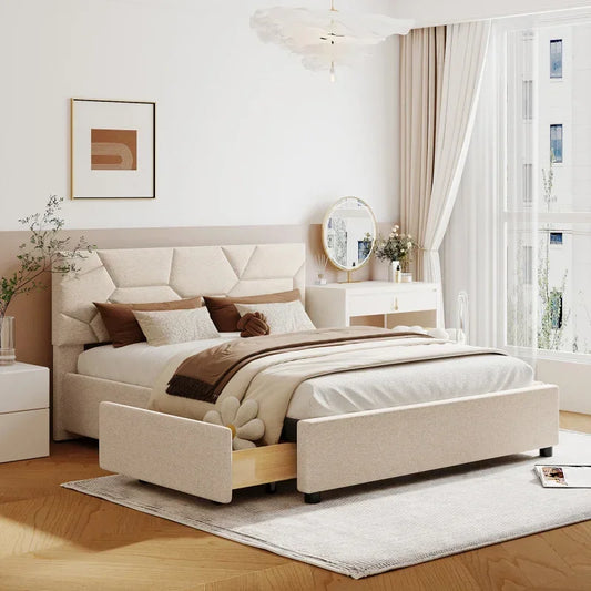 MMOOKA Beige Queen Size Upholstered Platform Bed with Brick Pattern Heardboard and 4 Drawers, Linen Fabric,for indoor bedroom furniture