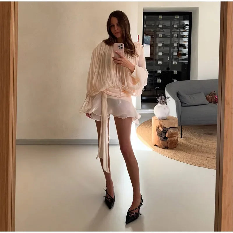 2025 Elegant Shiny Lace Up Women's Backless Ruffles Dress Chic Solid Lantern Sleeve A-line Mini Dresses New Lady Street Vestidos