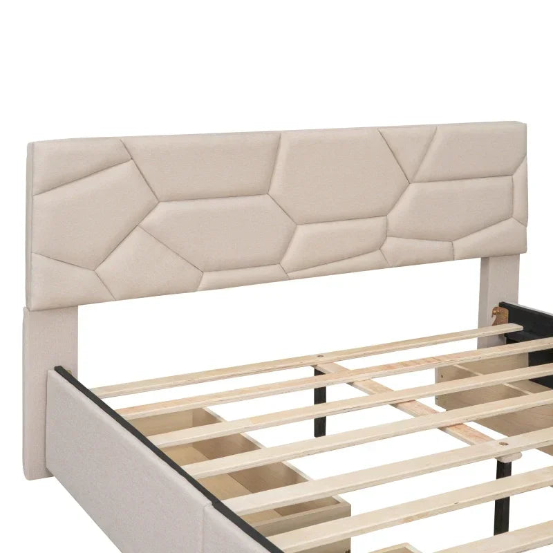 MMOOKA Beige Queen Size Upholstered Platform Bed with Brick Pattern Heardboard and 4 Drawers, Linen Fabric,for indoor bedroom furniture