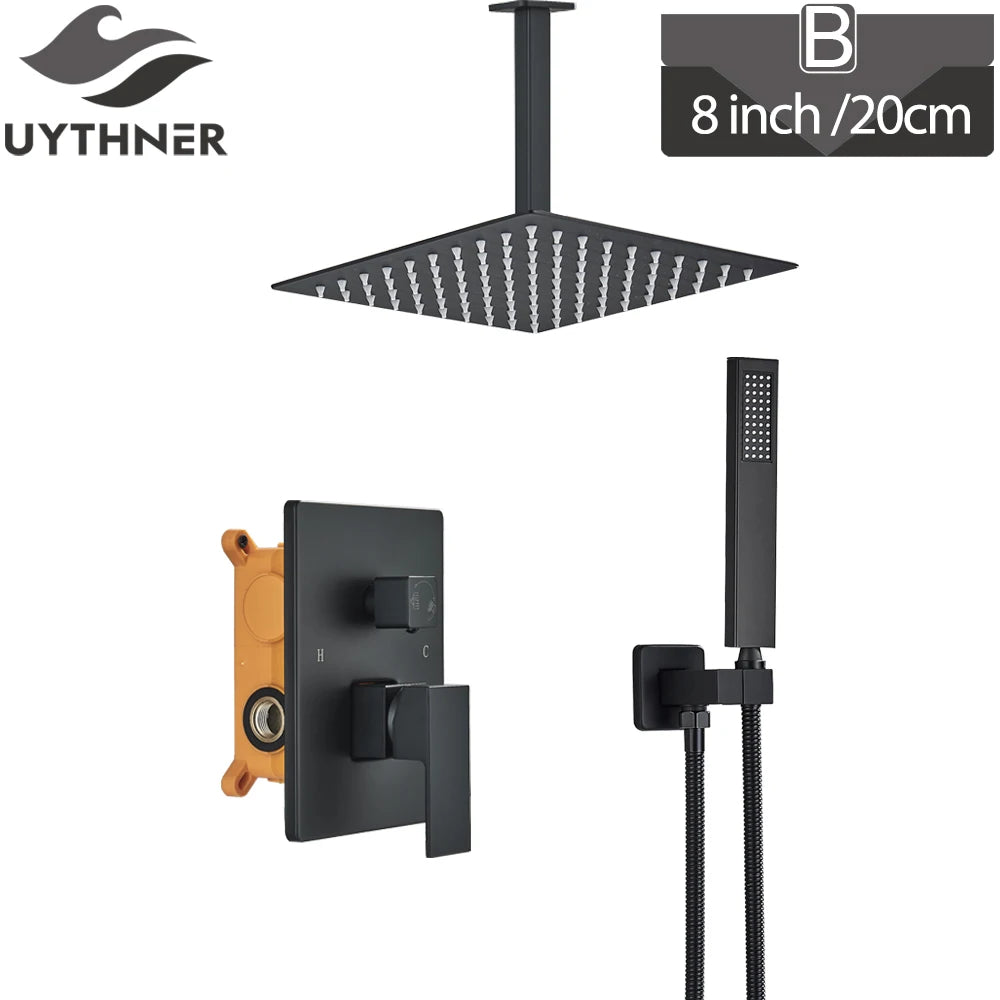MMOOKA Black Bath Shower Set Wall Mounted Concealed Shower Faucet System Rainfall Bathroom Mixer Bathtub Tap with Hand Sprayer