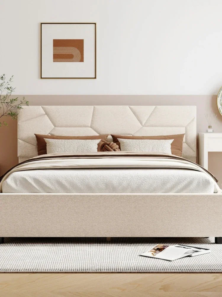 MMOOKA Beige Queen Size Upholstered Platform Bed with Brick Pattern Heardboard and 4 Drawers, Linen Fabric,for indoor bedroom furniture
