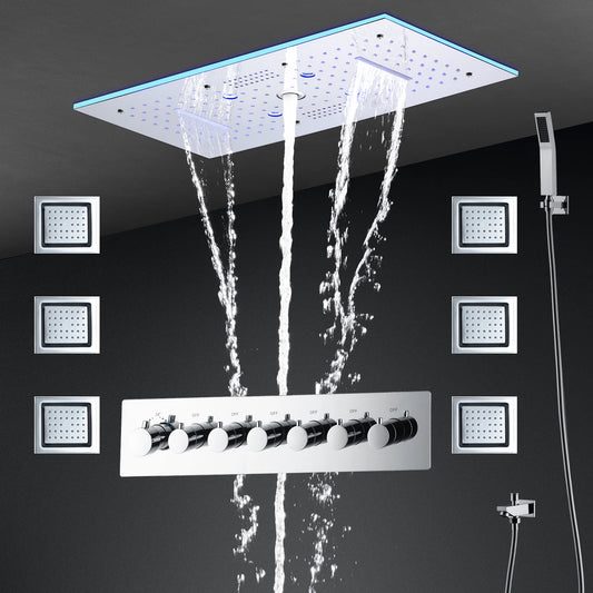 ANTNX 24x12 Inch 600x300mm Bluetooth Music LED Shower Head Panel Faucet Rain Mist Waterfall Column Thermostatic Mixer Valve Set ANTNX.COM