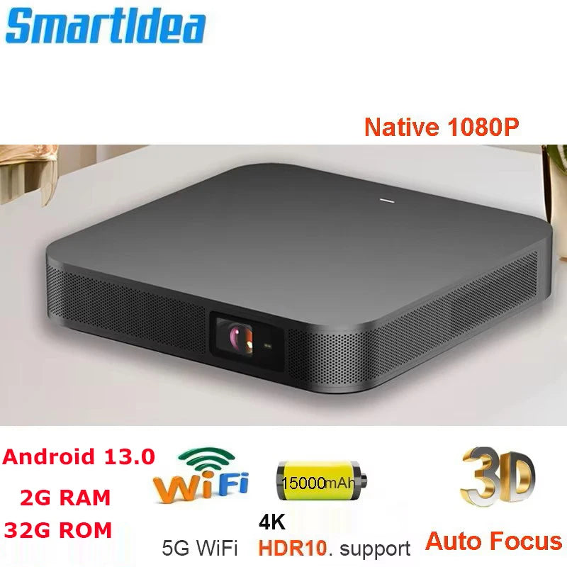 Smartldea 2025 4K 3D Video Projector Android13.0 Portable DLP 1080P home cinema Projector build in 15000mah batttery for outdoor