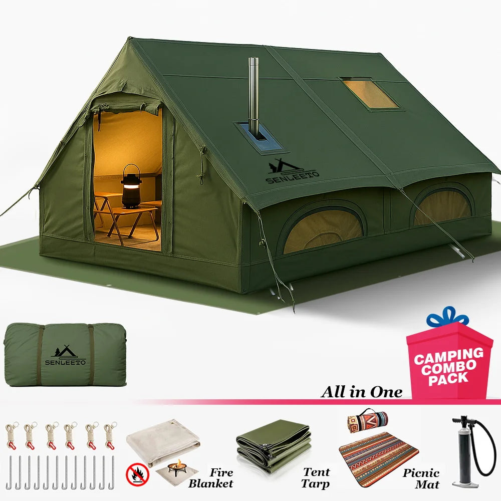 ANTNX 129 SqFt² Army Green Inflatable Camping Tent with Tarp,4 Season Air Tent Waterproof Blow Up Tent with Picnic Mat & Fire Blanket ANTNX.COM