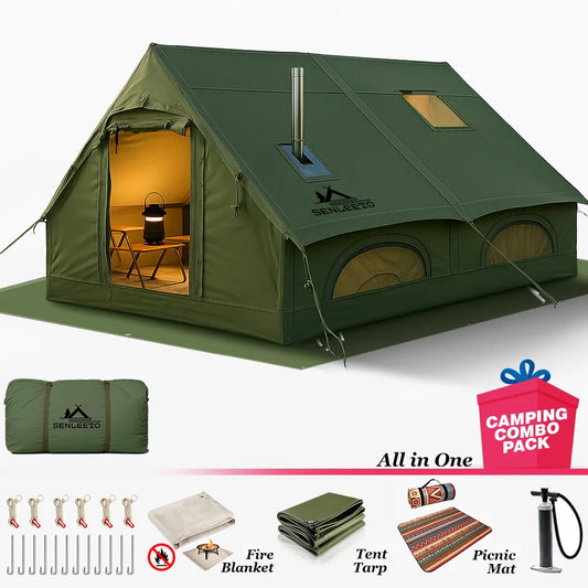 ANTNX 129 SqFt² Army Green Inflatable Camping Tent with Tarp,4 Season Air Tent Waterproof Blow Up Tent with Picnic Mat & Fire Blanket ANTNX.COM