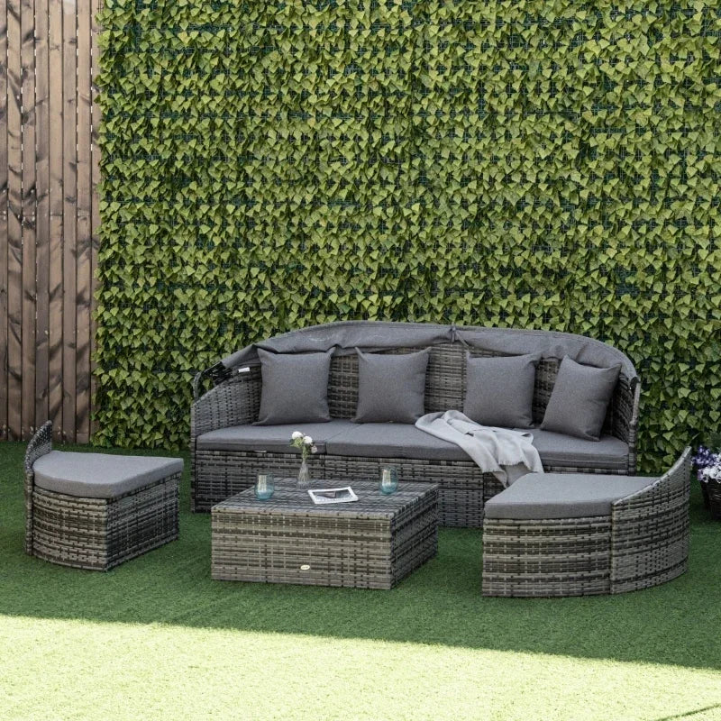 MMOOKA Grey Outdoor Round Daybed 4 Pieces Wicker Outdoor Rattan Sofa with Canopy,Cushions,Pillows for Lawn Garden Backyard