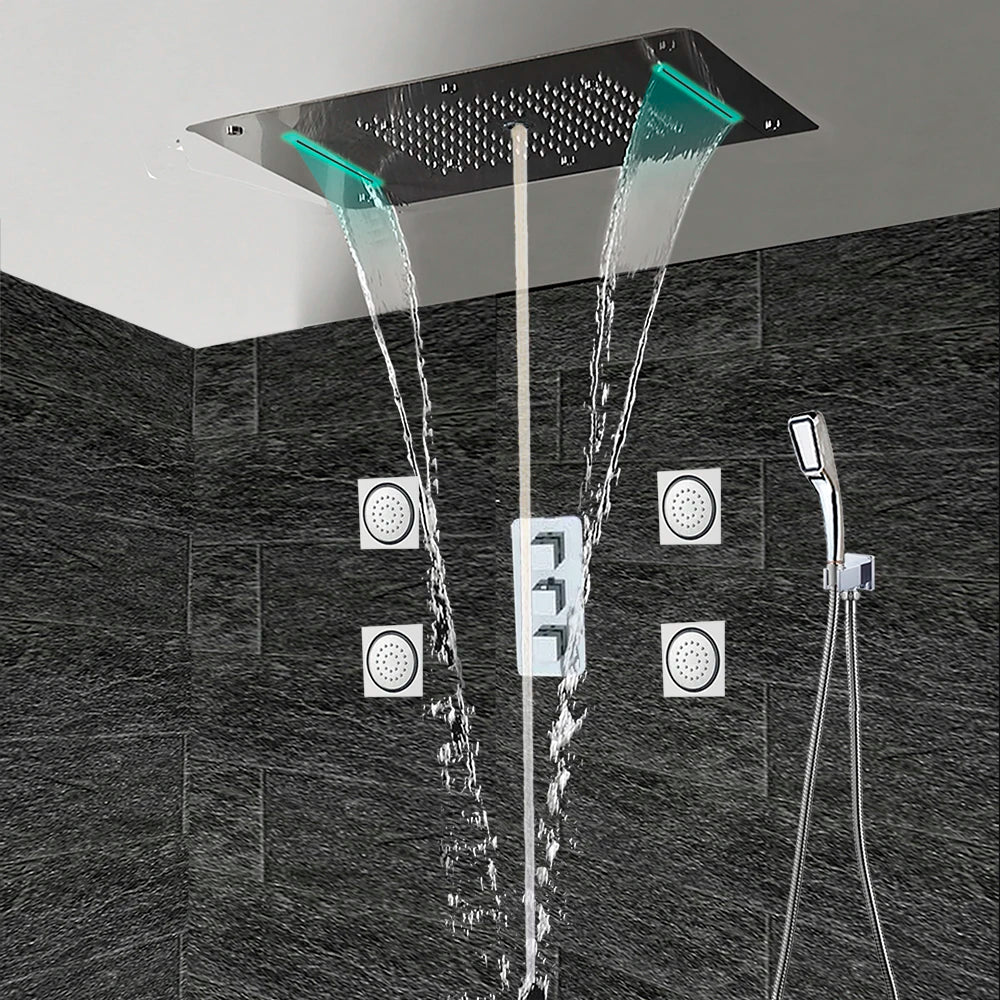 MMOOKA Bath Concealed Shower Set Faucet Panel Tap Thermostatic Mixer Valve LED Ceiling Shower Head Rain Waterfall Bubble Mist CF5422 MMOOKA.COM