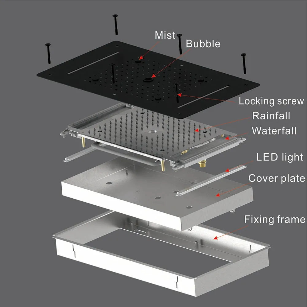 MMOOKA LED Ceiling Shower Head 27.56"x14.96" Matte Black Embedded Showerhead Massage Rainfall Waterfall Bubble Mist Stainless Steel MMOOKA.COM