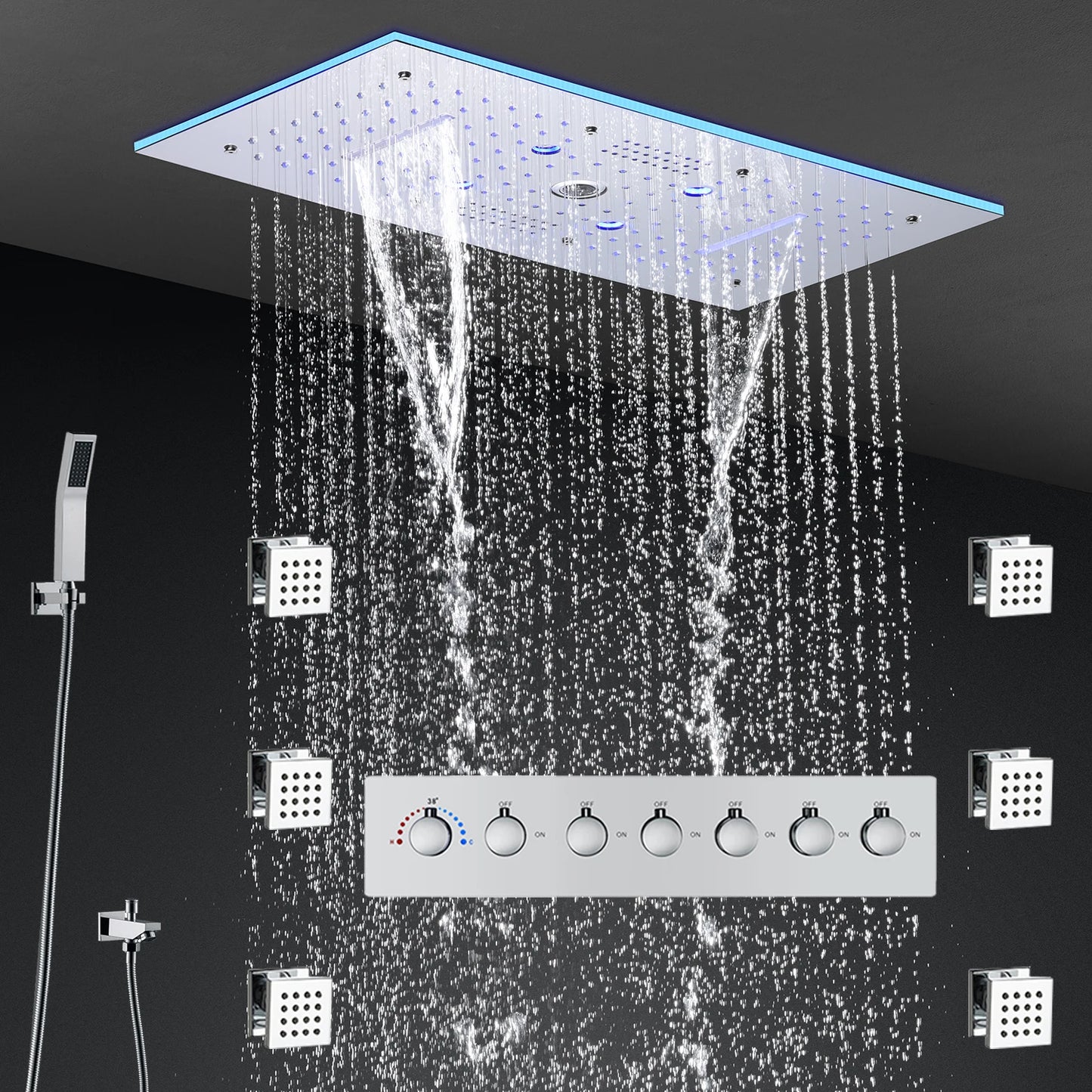 ANTNX 60x30cm 24x12Inch Big Music LED Shower Head 6 Function SPA Massag Thermostatic Mixer Faucet Kit ANTNX.COM