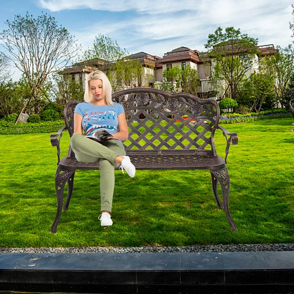 MMOOKA 42.5inch Outdoor Patio Porch Garden Chair Cast Aluminum Leisure Rose Couple Bench Easy to Clean 108x60x83CM Bronze[US-Stock]