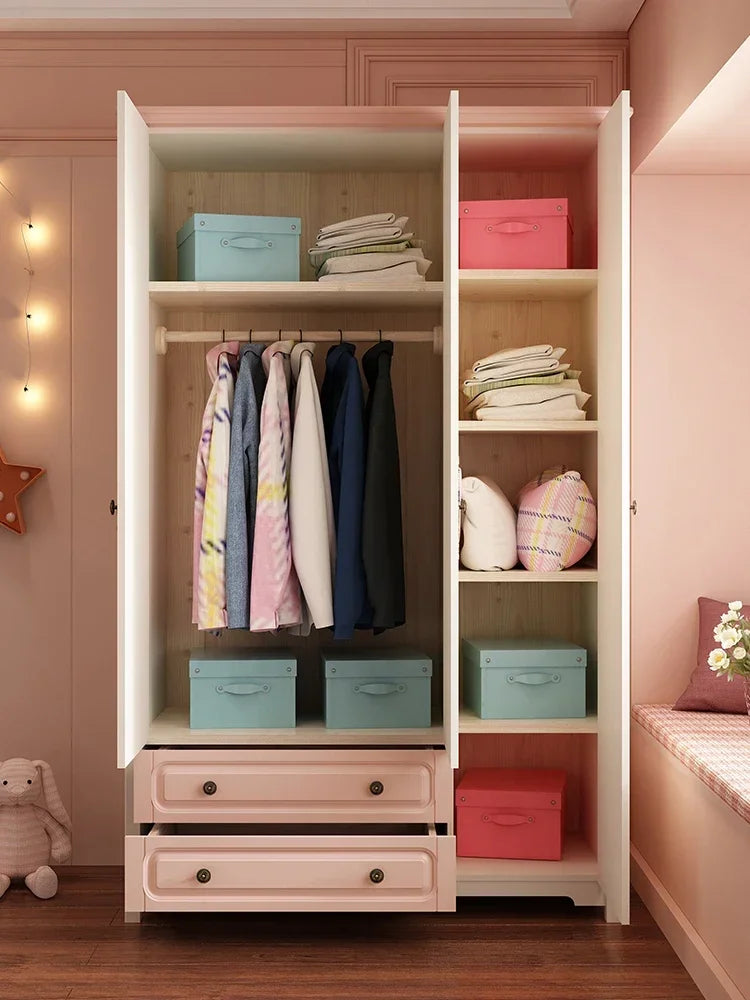 MMOOKA Children's Wardrobe Home Bedroom Cabinet Wood Foot Two Doors Three Doors Vertical Hinged Door Girls Pink