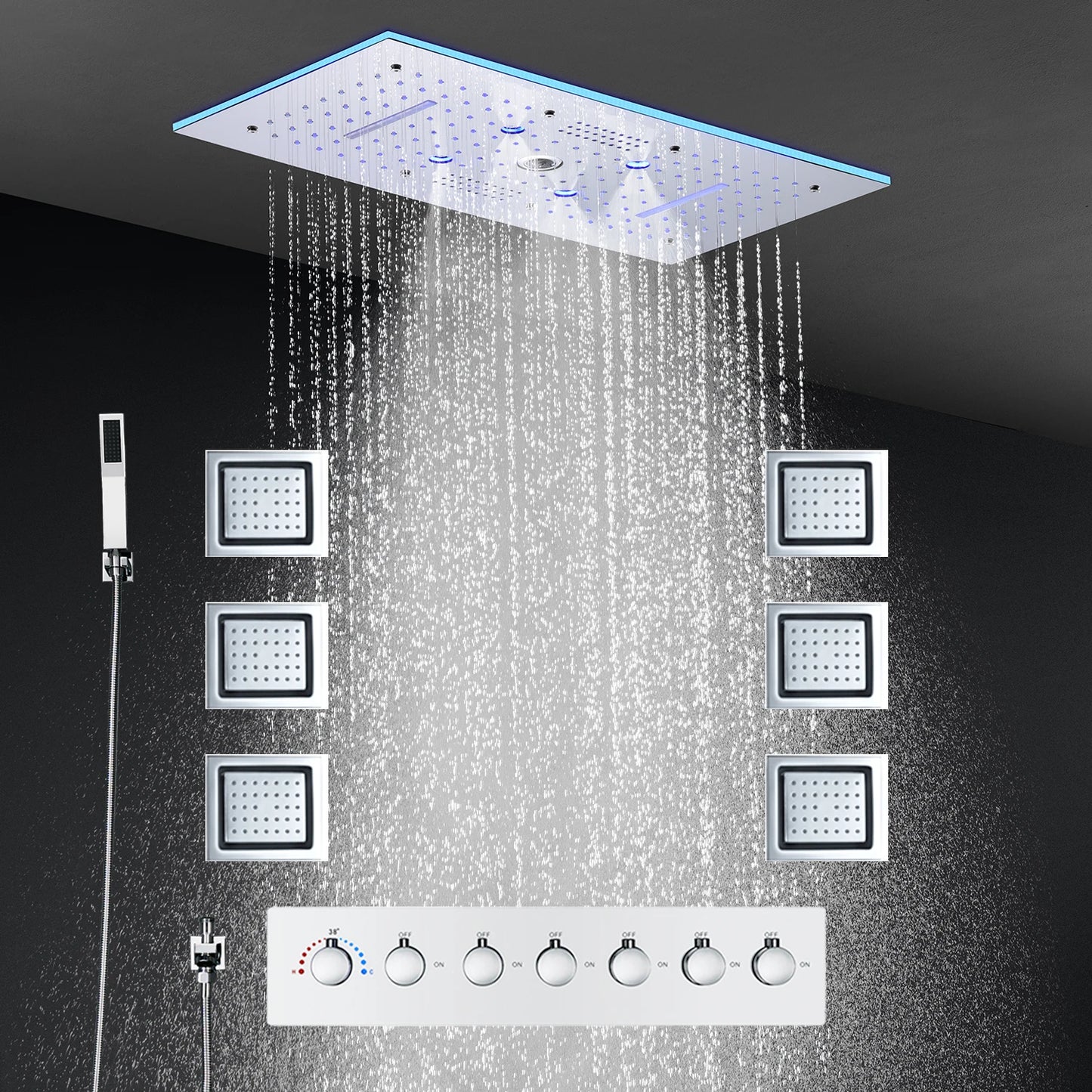 ANTNX 24x12 Inch 600x300mm Bluetooth Music LED Shower Head Panel Faucet Rain Mist Waterfall Column Thermostatic Mixer Valve Set ANTNX.COM