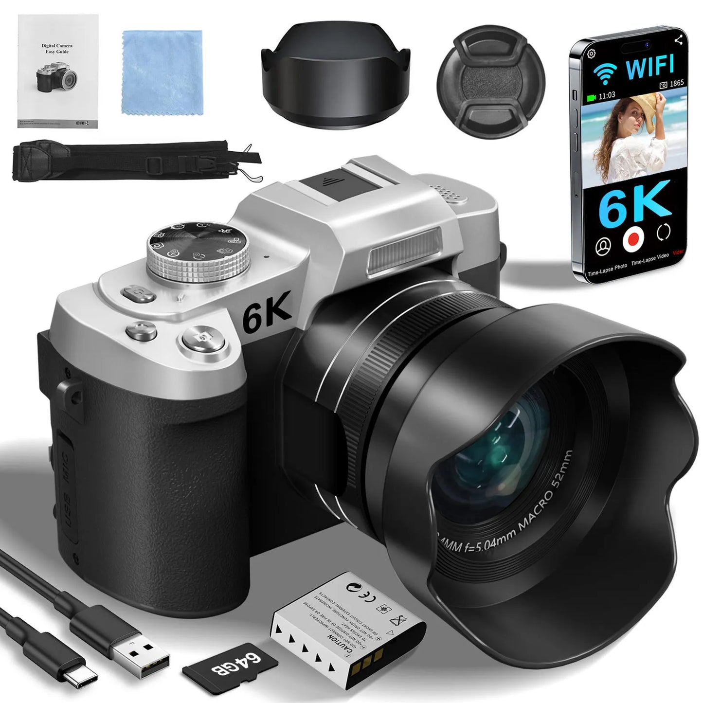 MMOOKA 6K Digital Camera for Photography and Video Autofocus Anti-Shake 84MP YouTube Vlogging Camera 3'' 180° Flip Screen with Flash
