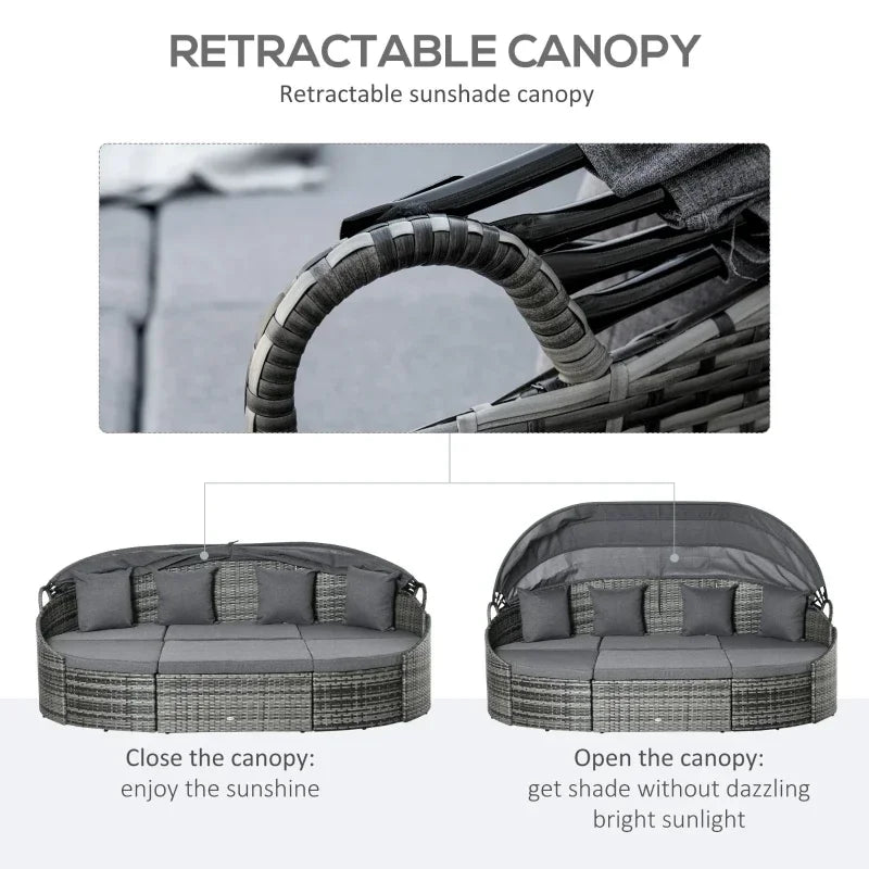 MMOOKA Grey Outdoor Round Daybed 4 Pieces Wicker Outdoor Rattan Sofa with Canopy,Cushions,Pillows for Lawn Garden Backyard