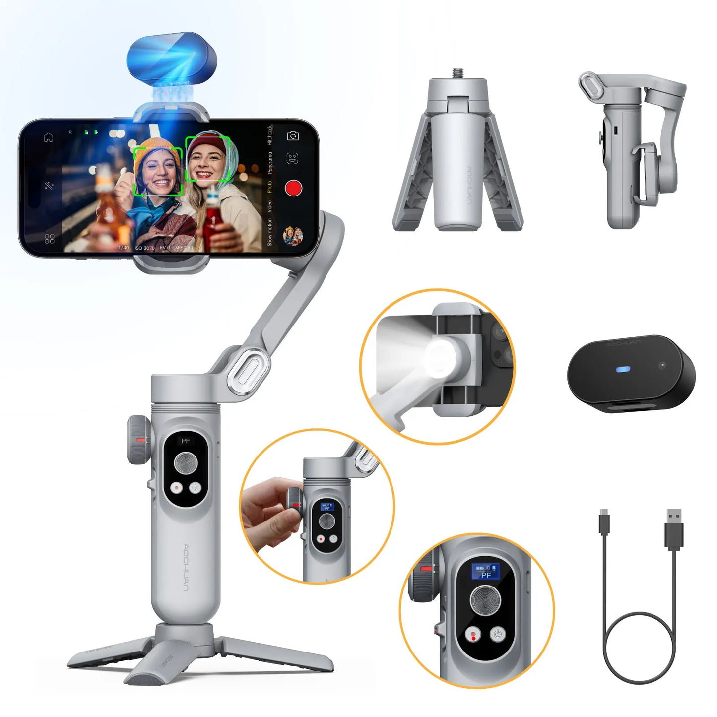 MMOOKA AOCHUAN Smart Xpro AI Tracking Sensor Gimbal No App Smartphone Gimbal Stabilizer 3-axis Stabilizer for iPhone&Android Phone Grey