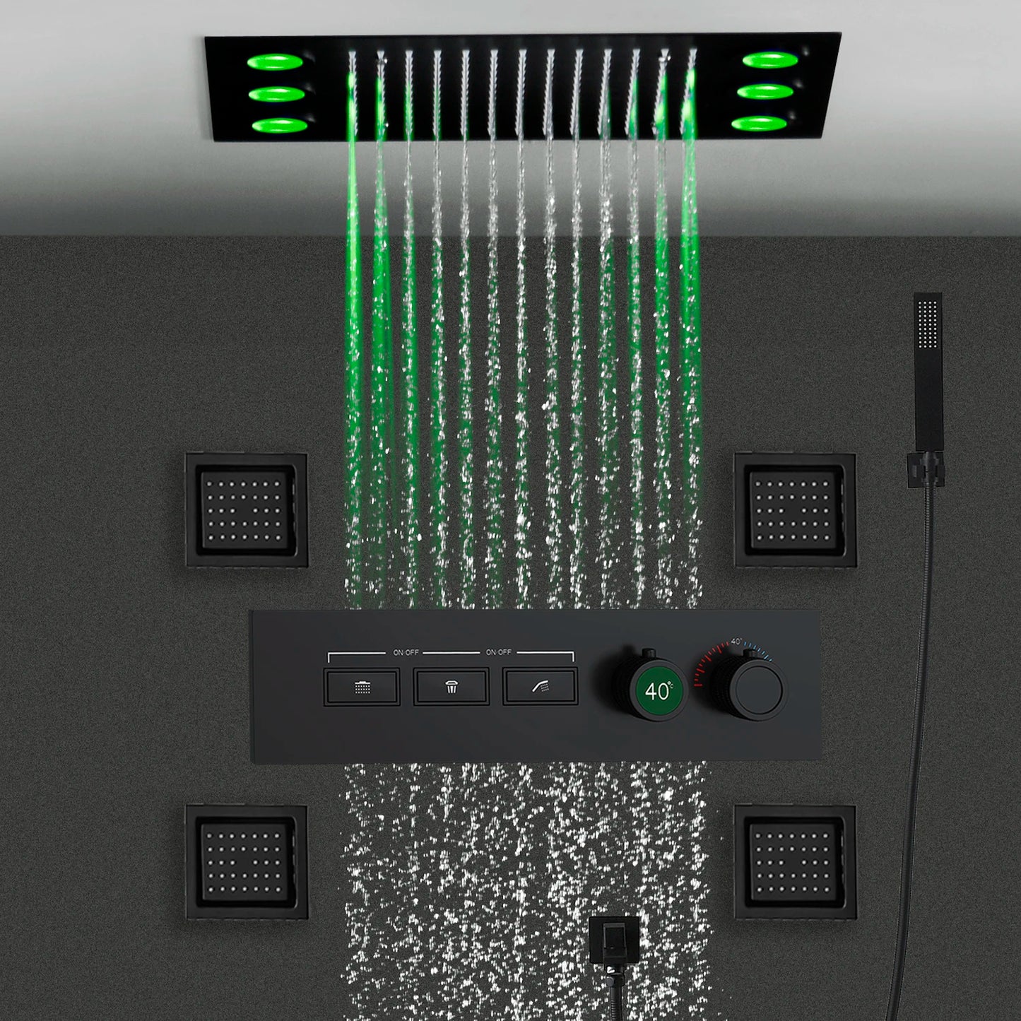 MMOOKA Smart Remote LED Shower Head Set 20x14inch Panel Faucet System Lateral Jet Thermostatic Mixer Valve Button Switch Hand Shower MMOOKA.COM