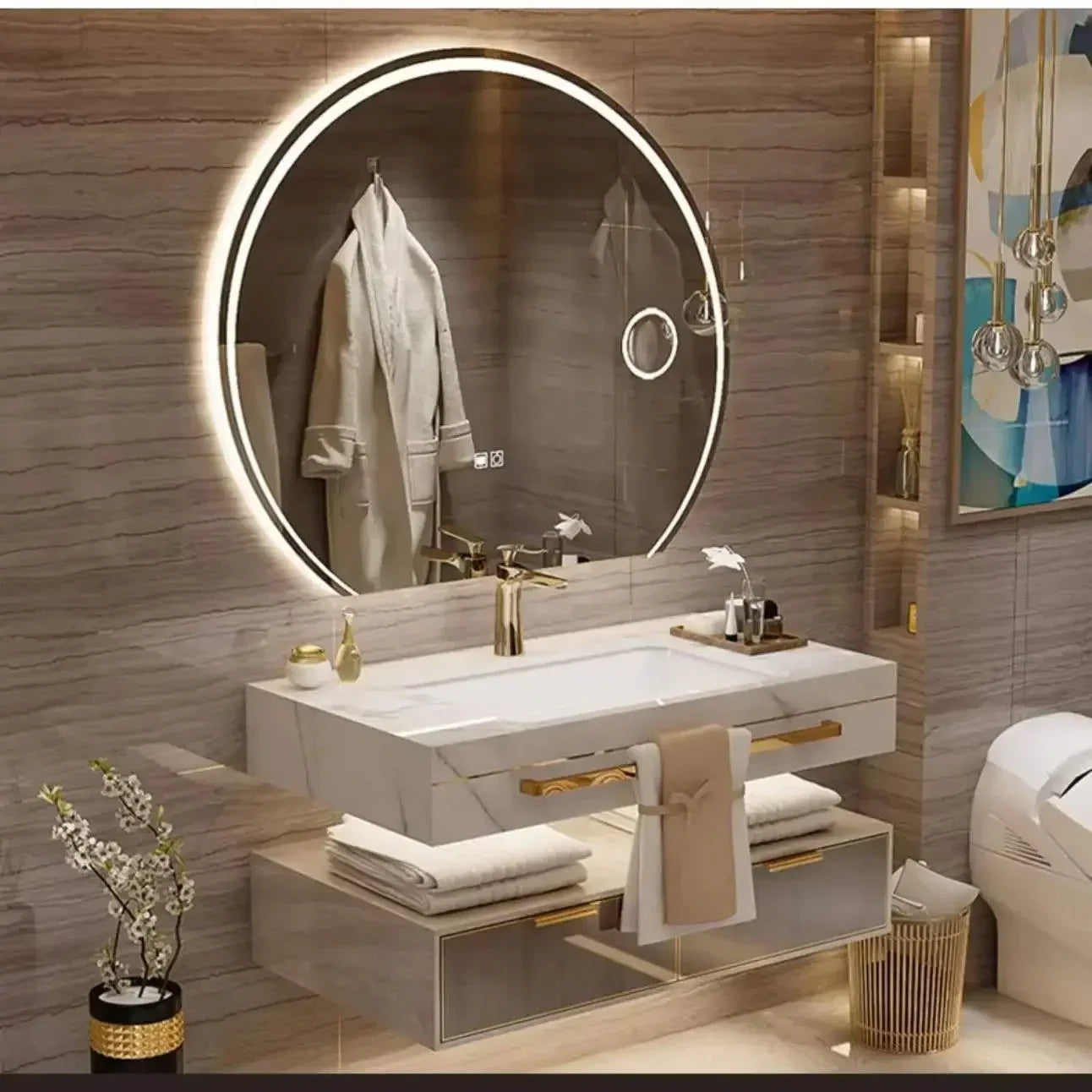 ANTNX Modern Slate Bathroom Cabinet with Smart Mirror Ceramic Double Washbasin Bathroom Vanity Cabinets Under Sink Bathroom Furniture ANTNX.COM