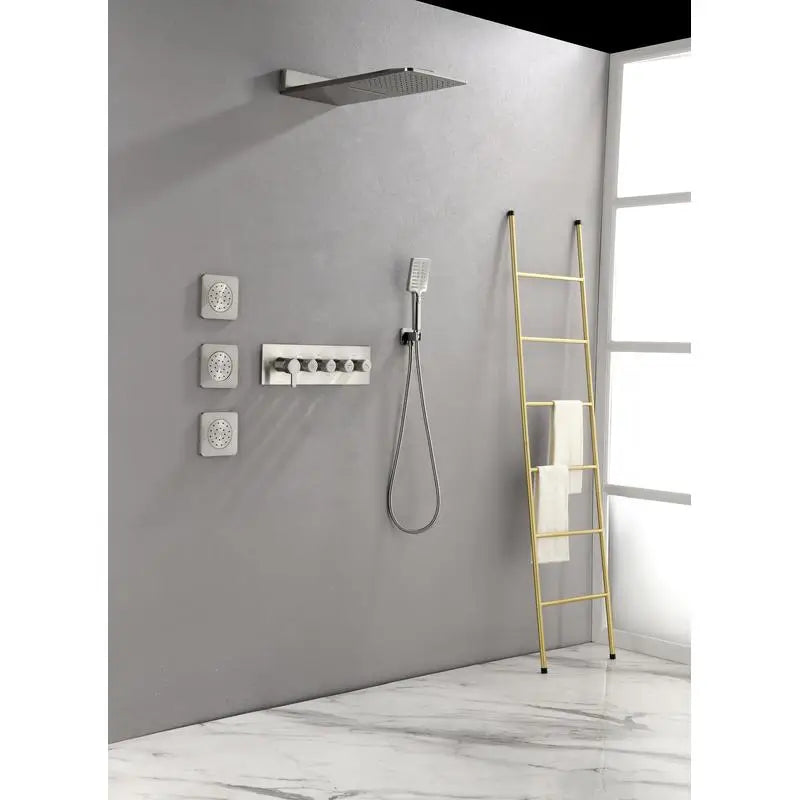 Wall-Mounted Waterfall Rain Shower System with 3 Body Sprays & Handheld Showerhead for Ultimate Bathing Experience