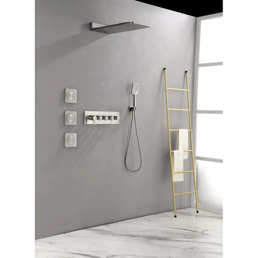Wall-Mounted Waterfall Rain Shower System with 3 Body Sprays & Handheld Showerhead for Ultimate Bathing Experience