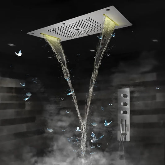 MMOOKA Modern Concealed Thermostatic Shower Panel 5 Ways Mixer LED Head Ceiling Mounted Mirror Brushed Gold Matte Black System Complete MMOOKA.COM