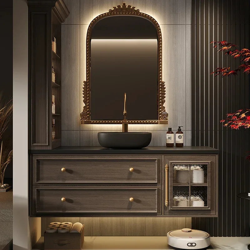 MMOOKA Bathroom Vanity With Aesthetic French Retro Oak Bathroom Cabinet Rock Plate Wash Basin Combination Bathroom Custom Wash Basin