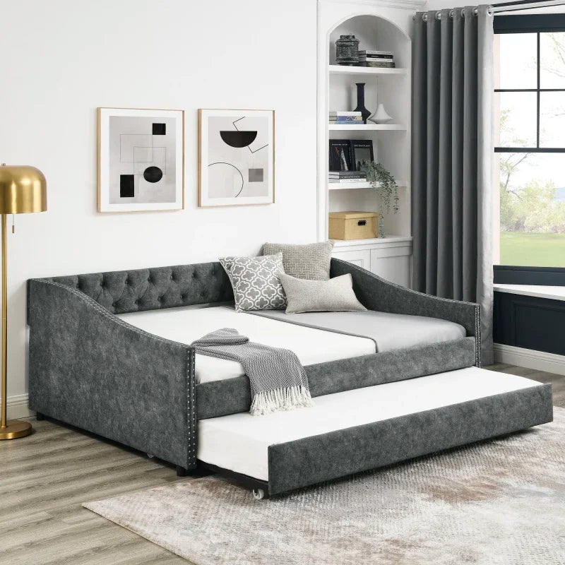 MMOOKA Full Size Daybed with Twin Size Trundle Upholstered Tufted Sofa Bed, with Button on Back for ivingroom,bedroom furniture