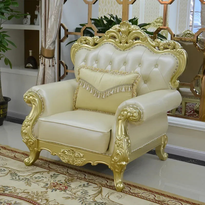 MMOOKA European-style Leather Sofa Combination 123 Luxury Living Room Furniture Full Solid Wood Oak Sofas Champagne Couch Modern Home