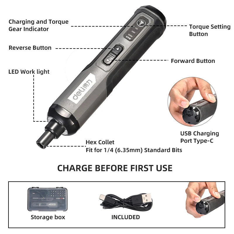DELI 4V  Electrical Screwdriver Sets Smart Cordless Electric Screwdrivers USB Rechargeable Handle 25 Bit Sets Power Tools