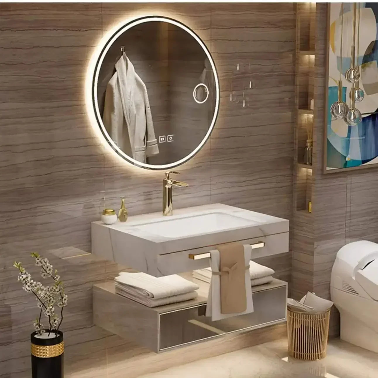 ANTNX Modern Slate Bathroom Cabinet with Smart Mirror Ceramic Double Washbasin Bathroom Vanity Cabinets Under Sink Bathroom Furniture ANTNX.COM