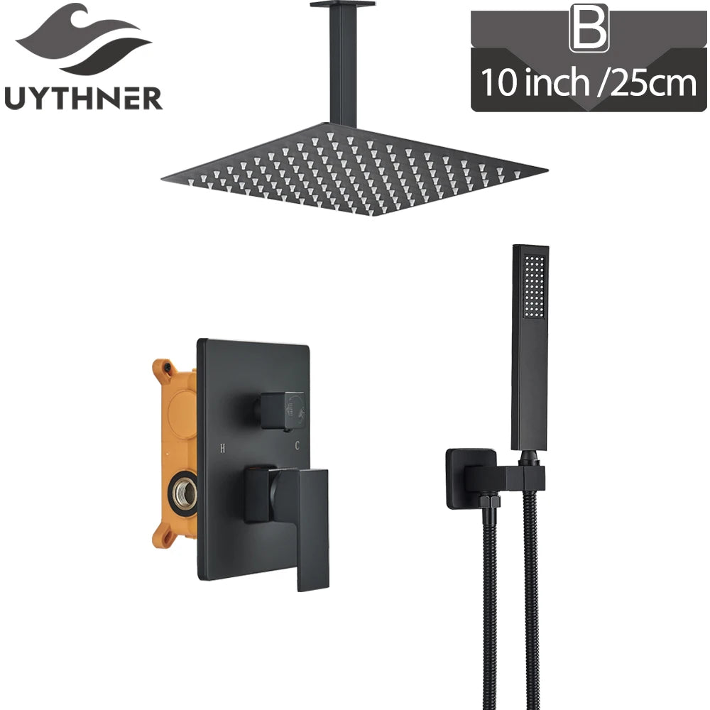 MMOOKA Black Bath Shower Set Wall Mounted Concealed Shower Faucet System Rainfall Bathroom Mixer Bathtub Tap with Hand Sprayer