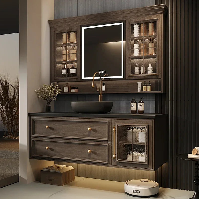 MMOOKA Bathroom Vanity With Aesthetic French Retro Oak Bathroom Cabinet Rock Plate Wash Basin Combination Bathroom Custom Wash Basin
