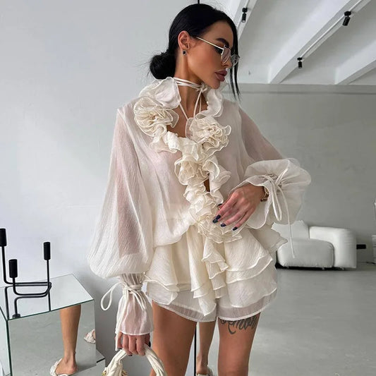 Summer Women Mesh Spliced 3D Flowers Chiffon Shirt Long Lantern Sleeve Gauze Ruched Lotus Blouses Tops + Elastic Shorts 2Pcs Set