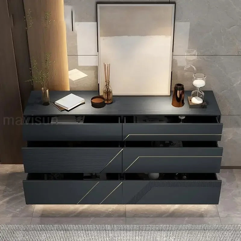 MMOOKA Black Kitchen Cabinet Decoration Simple Solid Wood Living Room Furniture Luxury Villa Large Capacity Buffet Stainless Steel Leg