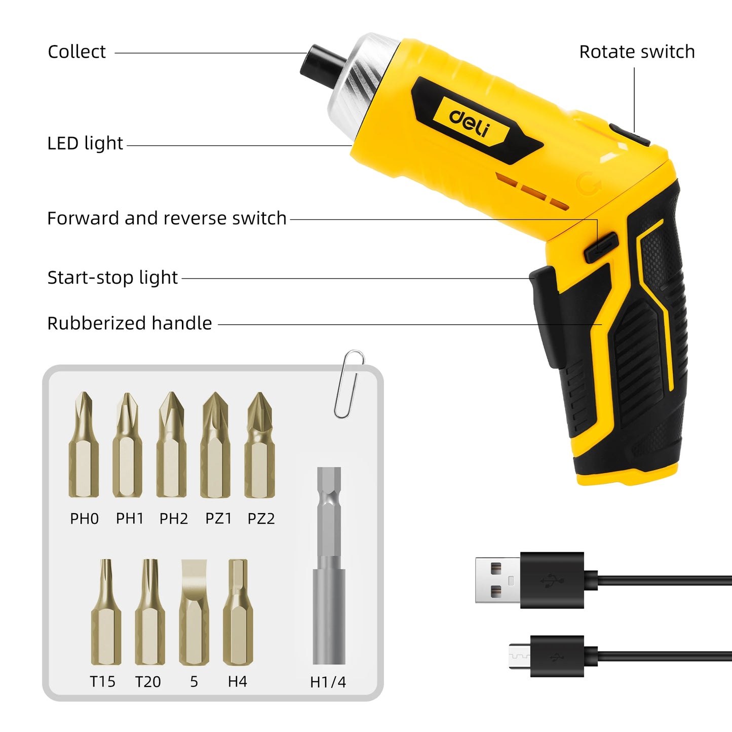 Deli Electric Screwdriver 3.6V 2000mAh 5N.M Torque Electric Screwdriver Household With 10Pcs S2 Screw Bits Home Repair Tools