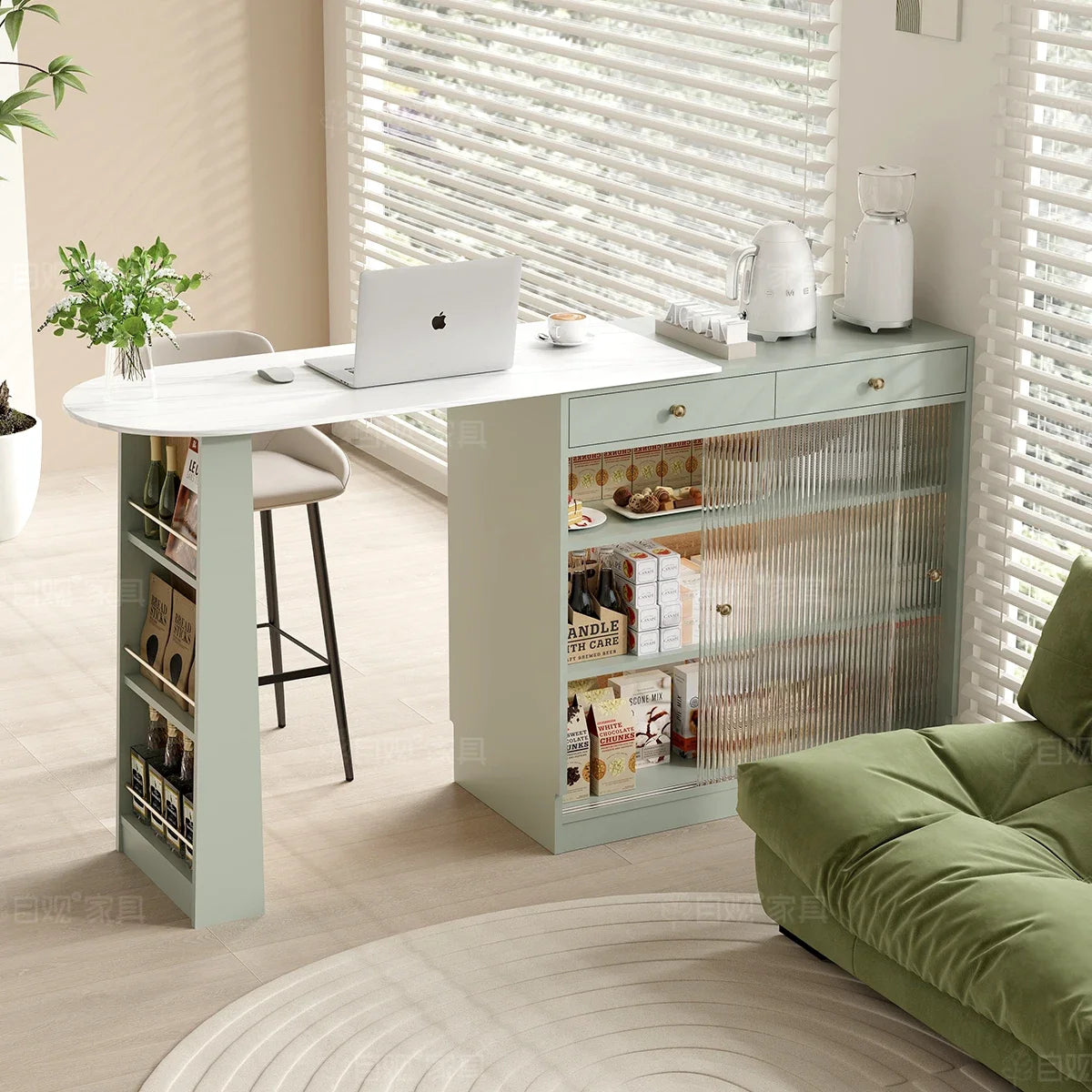 MMOOKA Retractable European Stone Plate Sideboard Cabinet Green Dining Table Small Apartment Furniture