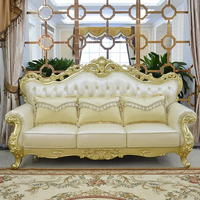 MMOOKA European-style Leather Sofa Combination 123 Luxury Living Room Furniture Full Solid Wood Oak Sofas Champagne Couch Modern Home