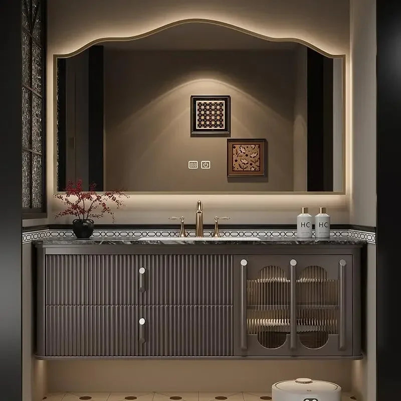 MMOOKA Bathroom Vanity With Sink Wall Mount Aesthetic French Style Retro Oak Bathroom Slate Washbasin Combination Custom Washbasin